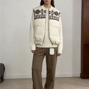 Women's Cream and Brown Patterned Puffer Down Vest